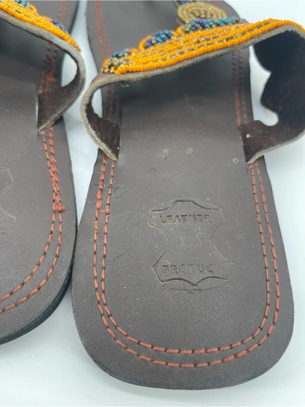 African Handmade Leather Brown with Colorful Beaded Toe-Post Sandals